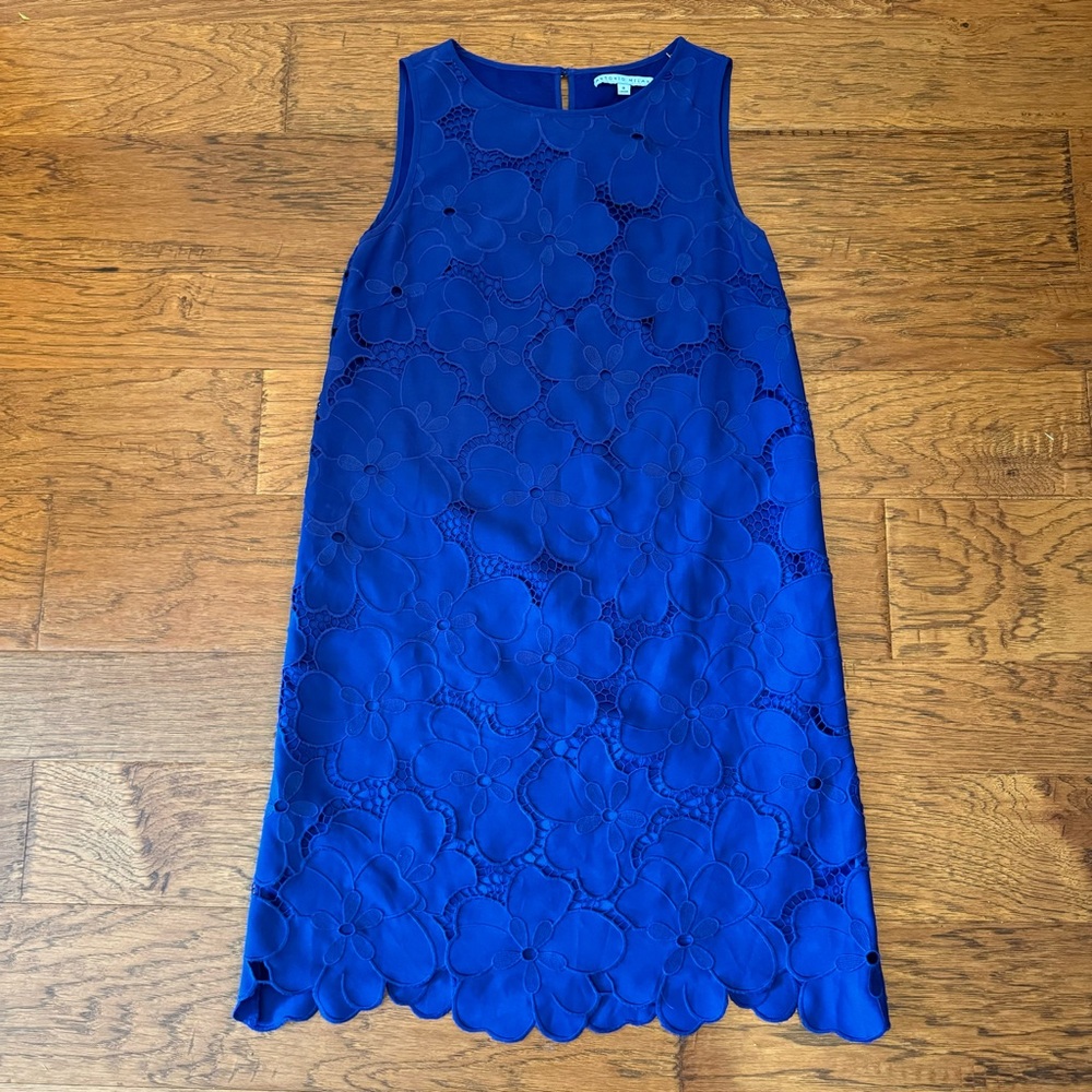 Antonio Melani Ghiaia Dress Blue Floral Lined Embroidered Overlay Midi Sheath 8 - Picture 4 of 11